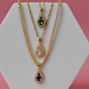 Gold Filled Crystal Necklace, Drop Diamond Necklace Royal Pear Gem WATERPROOF • Anniversary Gift for Her Emerald • Ruby • Sapphire • Topaz