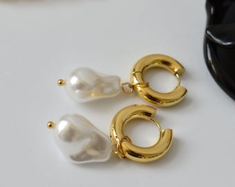 Gold Filled Pearl Hoops Dangle Earrings・Vintage Jewelry Set WATERPROOF Freshwater Pearl Earrings - Gold Pearl Choker Handmade Woman Jewelry