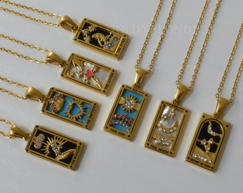 Gold Tarot Card Necklace Sun Magician Empress Star Sign Tarot Card Necklaces Gold Filled Chain Opal Pendant Mystic Jewelry Her Birthday Gift
