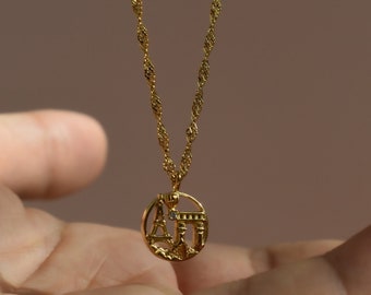 Gold Filled City Necklace, Gold Circle Charm Necklace, New York, London, Paris, Los Angeles, Tokyo, Sydney, Chicago, WATERPROOF