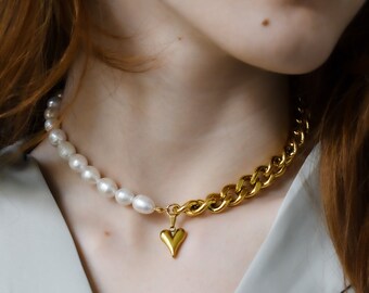 18k Gold FILLED Baroque Pearl Chain Choker with Heart Charm Two Sides Handmade Jewelry Necklace Earrings Bracelet Waterproof Hot Set Gift