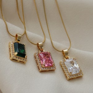 18K Gold Pink Clear Emerald Square Pendant Zircon Waterproof Jewelry Stainless Steel Gold Necklace Gold Jewelry Vintage Style Jewelry Gift