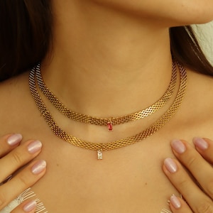 18K GOLD FILLED Mesh Vintage Choker Necklace, Zircon Red Ruby Stone Necklace Waterproof Jewelry Gold Jewelry His Best Gift for Mom Her Women