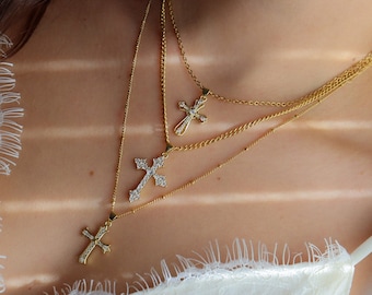 Gold Filled Cross Necklace - Dainty Religious Cross Women Men Kids Necklace Chain Pray Rosary Pendant Gold Jewelry Waterproof Christmas Gift