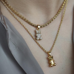18K Gold Bear Charm Pendant Teddy Bear Crystal Animal Necklace Choker Necklace Waterproof Jewelry Birthday Christmas Gift for Her Women Girl