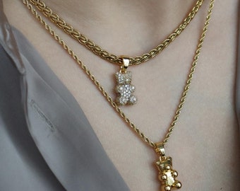 18K Gold Bear Charm Pendant Teddy Bear Crystal Animal Necklace Choker Necklace Waterproof Jewelry Birthday Christmas Gift for Her Women Girl