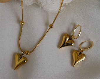 Gold Heart Necklace Heart Earrings Set・Waterproof Solid Icon Handmade Jewelry Heart Shape Vintage Style Jewelry Gift Bridesmaid Best Gift
