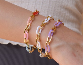 Link Chain Bracelet, Friendship Bracelet, Purple White Colorful Bracelet, Boho Bracelet, Summer Jewelry WATERPROOF