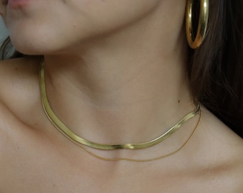 18K Gold Filled Herringbone Necklace ・ Double Layered Herringbone Chain Thin Thick Snake Necklace Waterproof Gold Jewelry Minimalist Gift