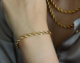 Gold Filled Thick Rope Bracelet Twist Gold Waterproof Non Tarnish Jewelry Chain Bracelet Anklet Set Gift Women Men Classic Everyday Wear