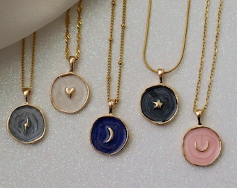 18K Gold Color Coin Necklace Heart, Star, Moon Shape Round Pendant Gold Necklace Waterproof Chain Moon Star Necklace Minimalist Jewelry Gift