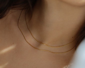 Gold Thin Mini Round Snake Herringbone Chain Necklaces - 1mm Smooth Chain WATERPROOF Gold Jewelry Minimalist Layered Styles Modern Necklace