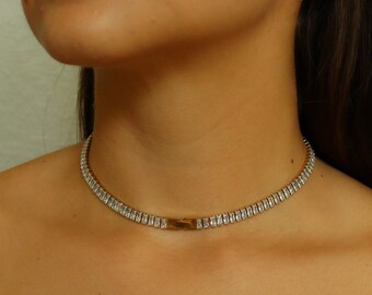 Gold Necklace Tennis Baguette ・ Necklace 18k Gold Moissanite Jewelry Stainless Steel Zircon Choker Dainty Jewelry Waterproof Women Choker