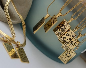 Gold Rectangle Zodiac Sign Tarot Card Necklaces Anti Tarnish Tarot Birth Month Jewelry Sun Fortune Star Moon Heart Minimalist Mystic Jewelry