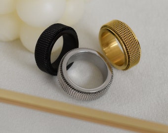 Fidget Spinner Rings, Silver Men Rings, Black Band Rings, Couple Rings, Spinner WATERPROOF Rings