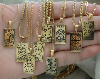 Gold Rectangle Zodiac Sign Tarot Card Necklace Non Tarnish Tarot Jewelry Sun Fortune Star Moon Heart Mystic Jewelry Astrology Personalized