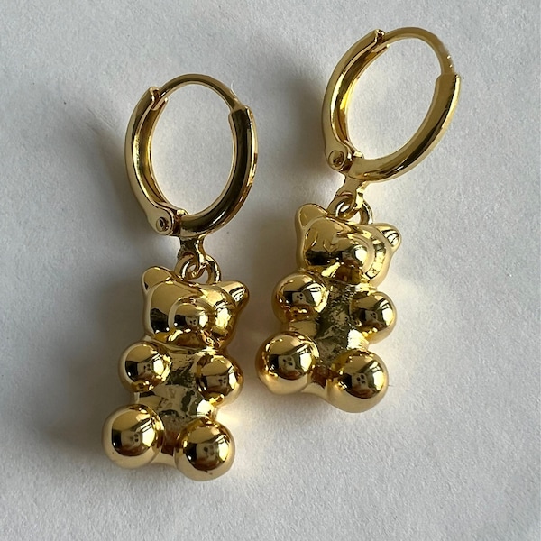 Gold Teddy Gummy BEAR Earrings  Gold Charm Pendant Teddy Bear Animal Necklace SET Hoop Earrings Waterproof Jewelry Gif for Her Friend Sister