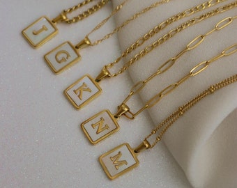 Gold Mother of Pearl Letter Initial Square Necklace Gold Anti Tarnish Jewelry Waterproof Necklace Hypoallergenic Rectangle Name Necklace