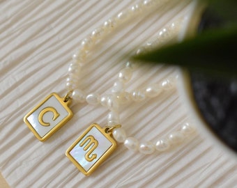 Pearl Choker Zodiac Tarot Constellation Signs C Charm Freshwater Choker Letter Initial Necklace WATERPROOF Christmas Gift for Her Woman