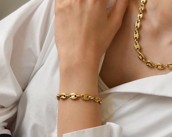 Gold Coffee Bean Bracelet for Women- Gold Filled Stainless Jewelry Set- Link Choker Bracelet- Best Gift Set- Waterproof Necklace Anklet Set