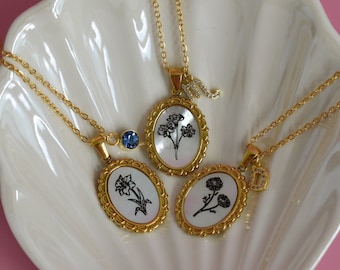 BirthFlower Necklace · Gold Filled Birth Flower Oval Charm · Family Necklace Pendant with Charm Birthday Flower Floral Necklace Gift For Mom