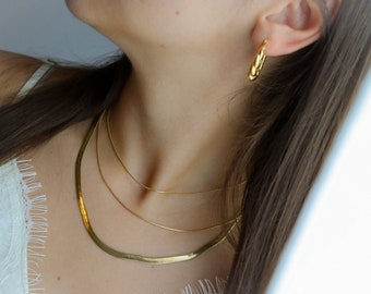 Gold Filled Three Layered Herringbone Necklace ・ Triple Snake Chain Gold Waterproof Jewelry Herringbone Non Tarnish Jewelry Christmas Gift