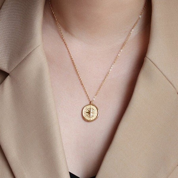18k Gold Filled Compass Charm Necklaces - Non Tarnish Waterproof Pendant Chain Coordinate Compass North South Minimalist Christmas Her Gift