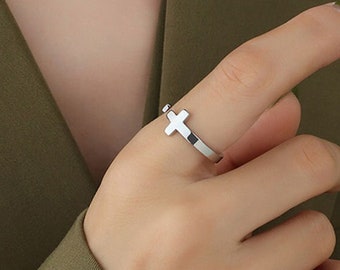 Silver Cross Rings, Gold Filled Cross Open No size Rings, Stackable Minimalist Rings God Religous Jesus Anxiety Jewelry Gift for Her Him Men