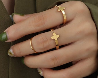 Gold Filled Cross Rings ・ Silver Cross Rings, Adjustable Ring, Plus Sign Stackable Minimalist Rings Women Religions Jesus Unique Her Jewelry