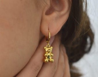 18K Gold Bear Earrings - Gold Charm Pendant Teddy Bear Animal Hoop Minimalist Earring for Women - Personalized Jewelry Gift for Her