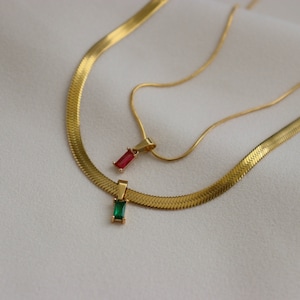 Gold Filled Herringbone Chain Gem Charm Necklace - Zircon Variety Color Necklace Snake Thin Minimalist Emerald Ruby Black - Her Jewelry Gift
