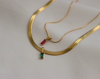 Gold Filled Herringbone Chain Gem Charm Necklace - Zircon Variety Color Necklace Snake Thin Minimalist Emerald Ruby Black - Her Jewelry Gift