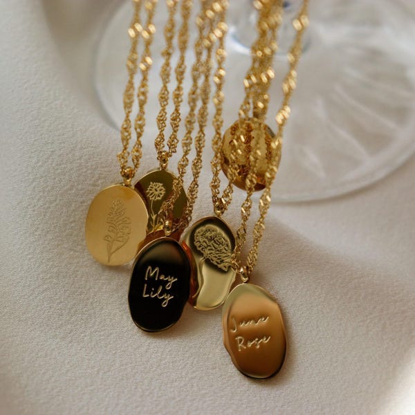 Birth Flower Necklace, Floral Necklace, GOLD Pendant Necklace, Zodiac Necklace, Birth Month Womens Gold Necklace, WATERPROOF Jewelry