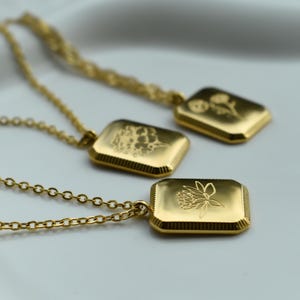 Gold Square Birth Flower Necklace, Vintage Birth Flower, Gold Filled Zodiac Floral Pendant WATERPROOF Personalized Jewelry Gift for Her Girl