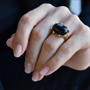 18k Gold Black Chunky Pearl Ring - Oval Stacking Band Statement Ring for Women Mom Mother Dark Onyx Mom Gift Idea WATERPROOF Best Elegant
