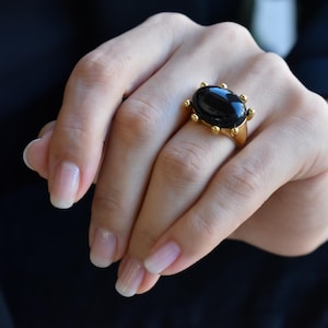 18k Gold Black Chunky Pearl Ring WATERPROOF Oval Stacking Band Statement Ring for Women Mom Mother Dark Onyx Mom Christmas Gift Idea for Her