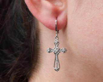 Silver Cross Earrings Sterling Silver Cross Charm Earrings, Dangle Drop Cross Earrings Jewelry Women Earring Church Silver Hoop Gift for Her