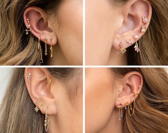 Gold Piercing Earring, Earring Set, Cute Ruby Stud Earrings, Hoop Piercing Tragus Pierced, Minimalist Handmade Gift Her Women Helix Earrings