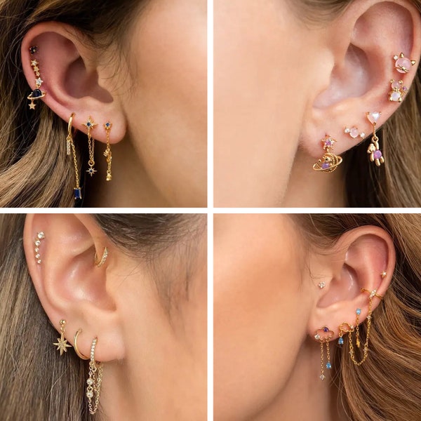 Gold Piercing Earring, Earring Set, Cute Ruby Stud Earrings, Hoop Piercing Tragus Pierced, Minimalist Handmade Gift Her Women Helix Earrings