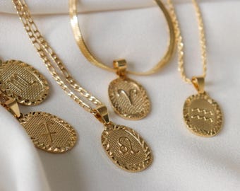 Zodiac Tarot Constellation Signs 18k Gold Filled Figaro Libra Twist Curby Chains Large Oval Necklace Handmade Jewelry Gift For Her Women