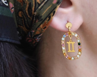 Zodiac Sign Earrings ・ Gold Horoscope Dangle Girl Earrings with Colorful Crystals ・ Astrology Jewelry Gift (12 Signs Available) Gift For Her