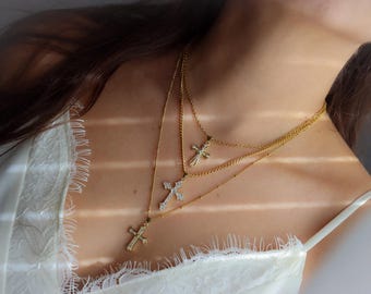 Gold Filled Cross Necklace - Dainty Religious Cross Women Men Kids Necklace Chain Pray Rosary Pendant Gold Jewelry Waterproof Christmas Gift
