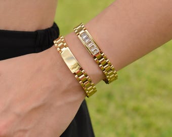 Gold Watch Link Bracelet Waterproof Customized Personalized Name Engraving Jewelry Women Bracelet Men Bracelets Cuff Bangle Hot Summer Gift