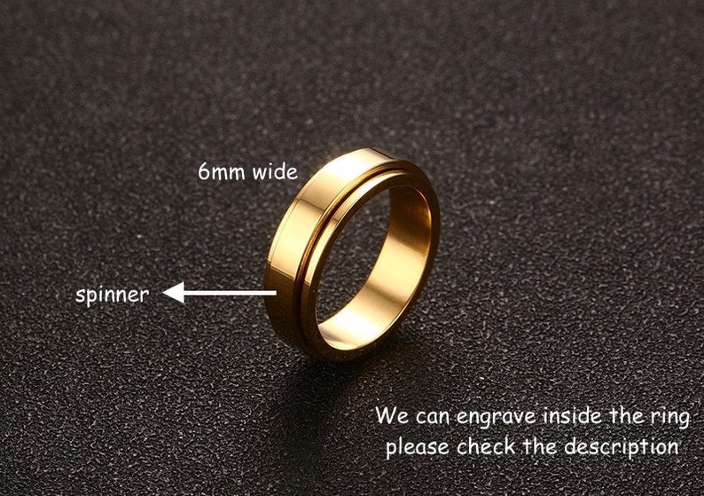 Fidget Spinner Rings Anxiety Ring Engraved Men Rings Black Personalized Women Mens His Rings Gold Filled Finger Hematite Waterproof Rings Gold