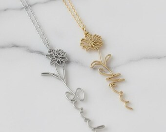 Silver Custom Birth Flower & Name Necklace - Personalized Floral Chains Gold Filled Name Necklaces Flowers Her Christmas Birthday Gifts