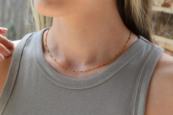Gold Filled Colorful Necklace, Boho Style Bead Chain, WATERPROOF Jewelry Women Summer Style Necklace Kids Necklace Elegant Dainty Daily Thin
