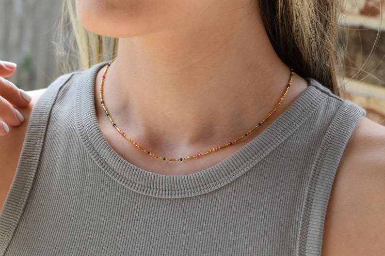 Gold Filled Colorful Necklace, Boho Style Bead Chain, WATERPROOF Jewelry Women Summer Style Necklace Kids Necklace Elegant Dainty Daily Thin image 1