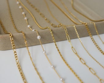 18K Gold FILLED Chain Necklace - Link Chain Twist Chain Figaro Chain Bead Herringbone Necklace Pearl Necklace for Women Men, Kids Waterproof