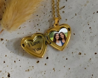 Collier médaillon cœur en or, pendentif « Je t'aime », pendentif photo en forme de cœur, personnalisé, étanche, cadeau de Noël pour elle.