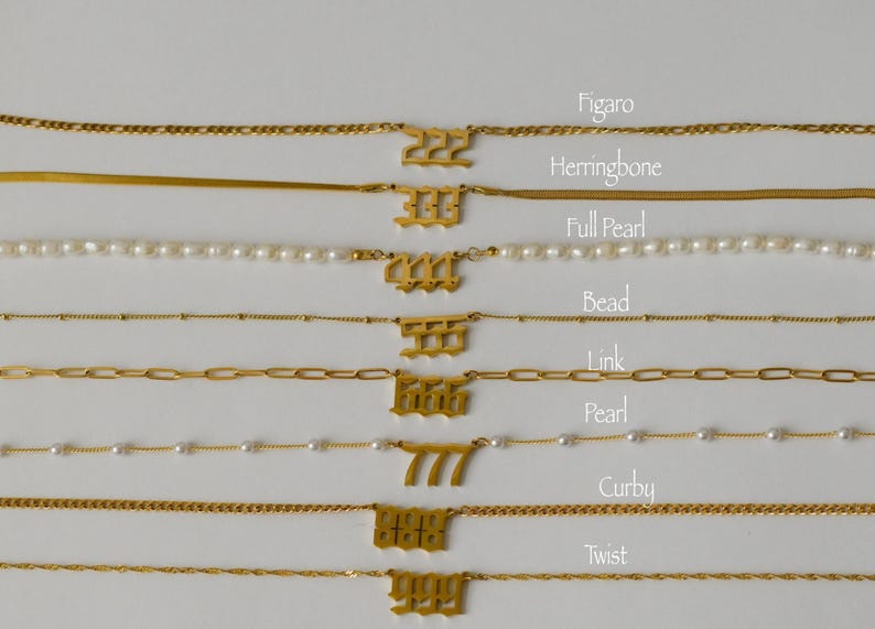 a collection of various gold necklaces with different pendants, each with a unique number. The pendants are arranged in a row, and the necklaces are labeled with their corresponding numbers.